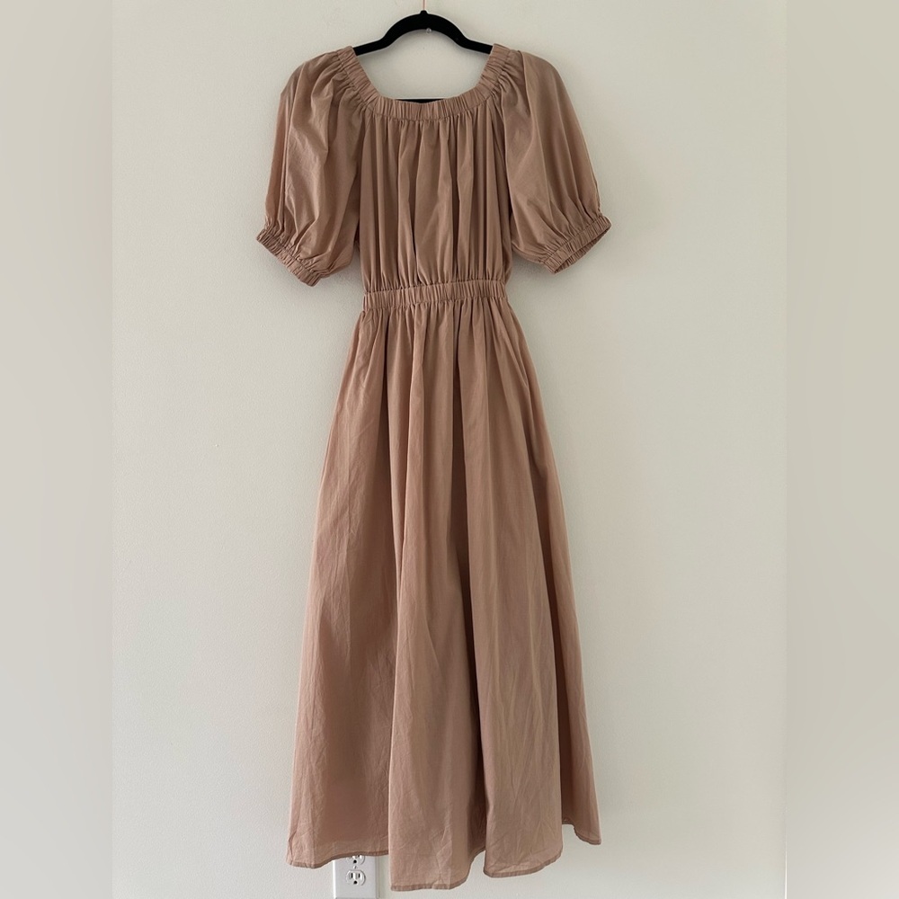 NWT Petal & pup Ollie beige midi-length puff sleeves open back dress new - Picture 1 of 9